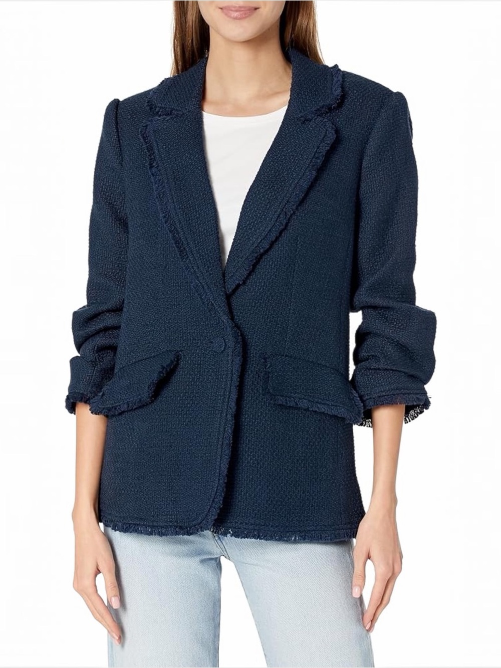 Cinq à Sept Erin Women’s Navy Blue Fringe Trim
Cotton Tweed Blazer Size 6 NEW